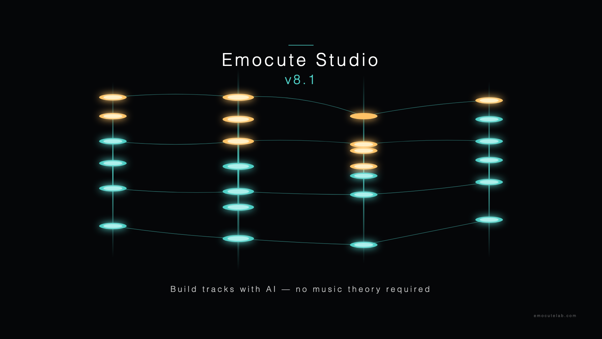Emocute Studio key visual — 4-voice density vertical bars representing harmonic structure.